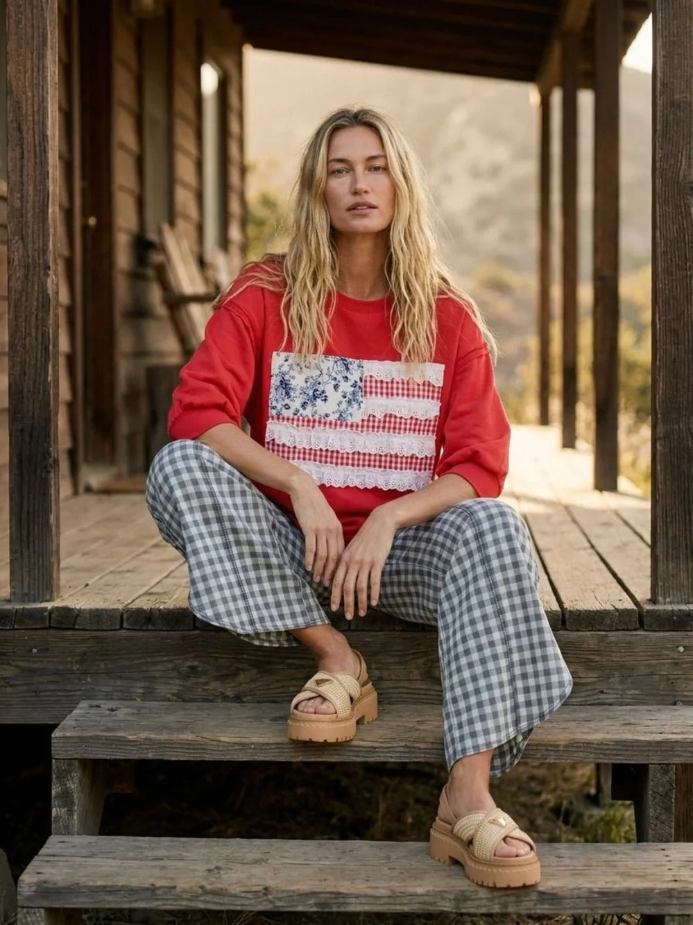 Bibi Red Oversized American Flag Patchwork Terry Knit Top S - Picture 1 of 6